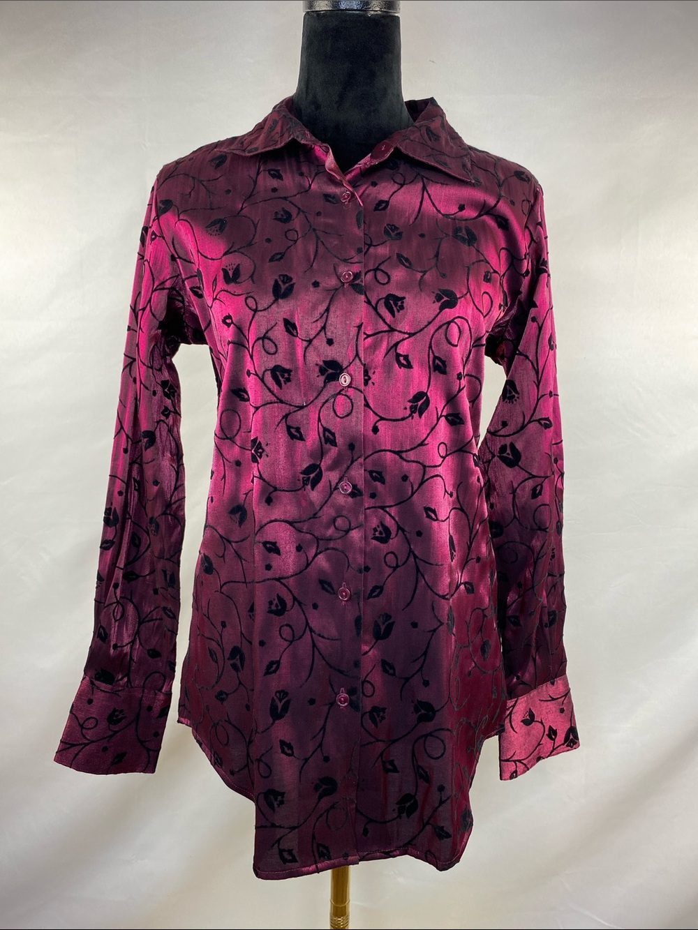Vintage Kathy Ireland Whimsygoth Burgundy Satin Velvet Floral Button Down Size S